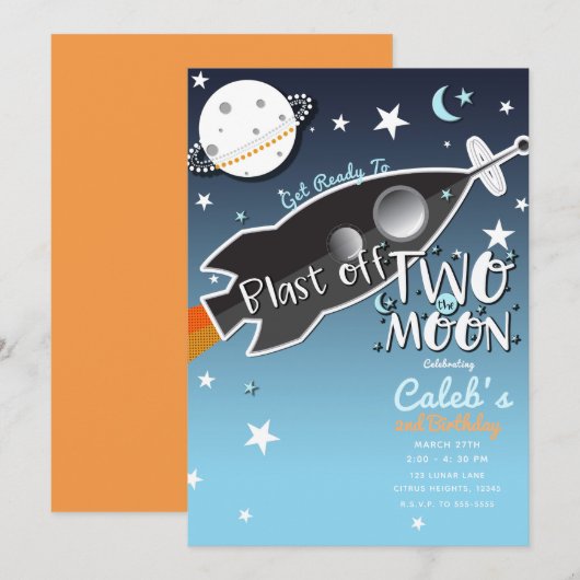 Invitation 2 Deux la Fusée Spatiale de la Lune Fête d'anniver (Devant / Derrière)