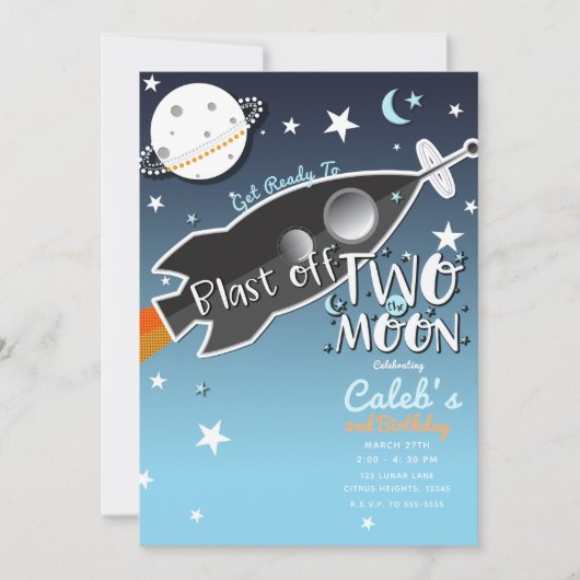 Invitation 2 Deux la lune Rocket Ship Space Anniversaire fête (Devant)
