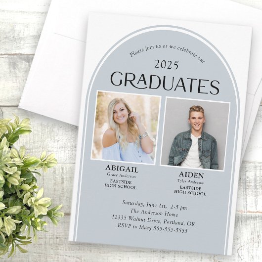 Invitation 2 Diplômés Dusty Blue Arch Double Graduation