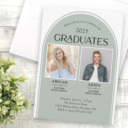 Invitation 2 Diplômés Sage Green Arch Double Graduation