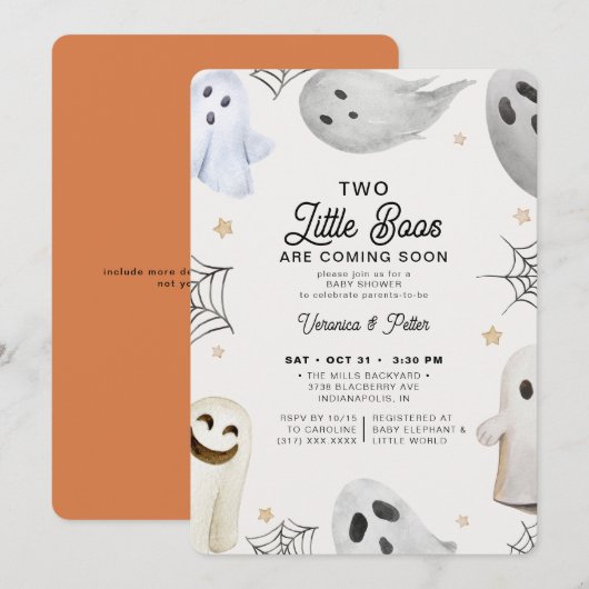 Invitation 2 Little Boos Neutral Twins Halloween Baby shower (Devant / Derrière)