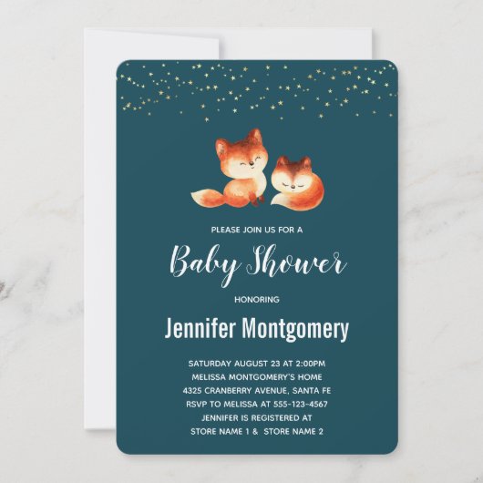 Invitation 2 mignons petits Baby showers de renards rouges (Devant)