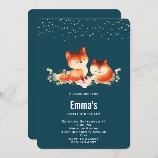 Invitation 2 Petits Renards Rouges mignons et douillets Anniv (Devant / Derrière)