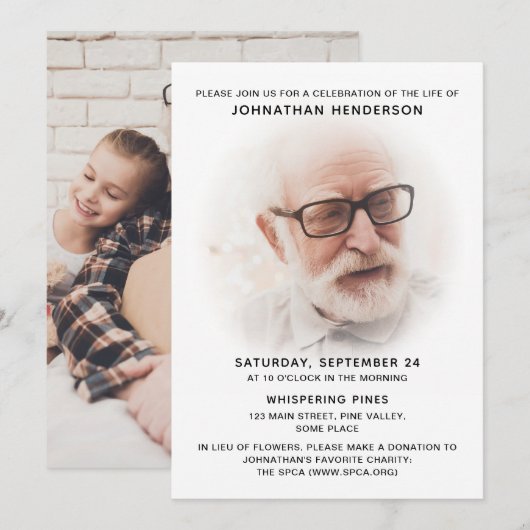 Invitation 2-Photo Célébration de la vie / Funérailles / Mémo (Devant / Derrière)