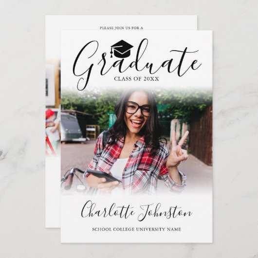 Invitation 2 Photo Elegant Script Photo Graduation Party (Devant / Derrière)