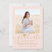 Invitation 2 Photo Graduation Party Blush Pink & Gold Script (Devant)