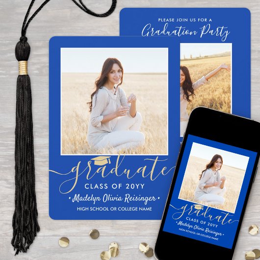 Invitation 2 Photo Graduation Party Royal Blue & Gold Script