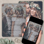 Invitation 2 Photo Love is Patient Mariage Réception Blanc<br><div class="desc">Famille Invitation et amis à une réception de mariage tout simplement élégant avec cet élégant moderne "l'amour est patient mais nous n'avons pas pu attendre" 2 photo texte sur invitation superposition. Tout libellé est simple à personnaliser pour toute célébration de réception seulement, y compris une fête post-elopement, la cérémonie de...</div>