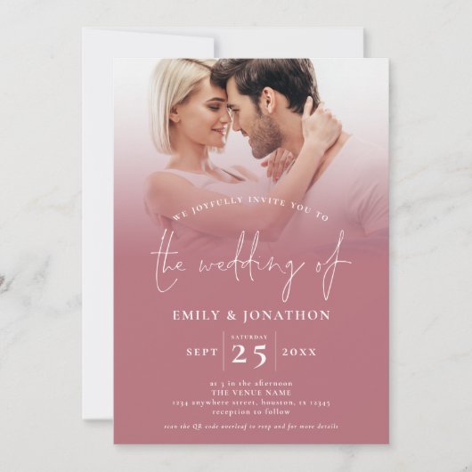 Invitation 2 Photo Overlay Script QR Code Rose Gold Mariage (Devant)