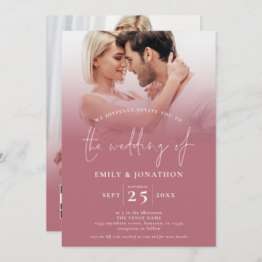 Invitation 2 Photo Overlay Script QR Code Rose Gold Mariage (Devant / Derrière)