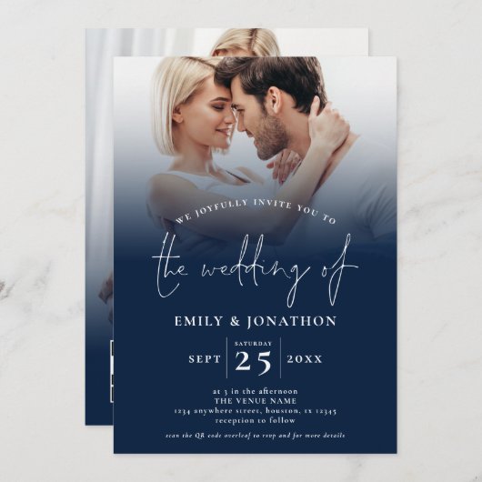 Invitation 2 Photo Overlay Script QR Marine Mariage blanc (Devant / Derrière)