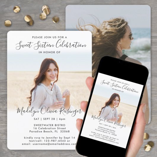 Invitation 2 Photo Sweet 16 Chic Moderne Élégant Script