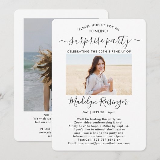 Invitation 2 Photo virtuelle en ligne Surprise fête d'anniver (Devant / Derrière)