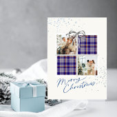Invitation 2 Photo X-mas Present Card Blue Tartan Silver Bow