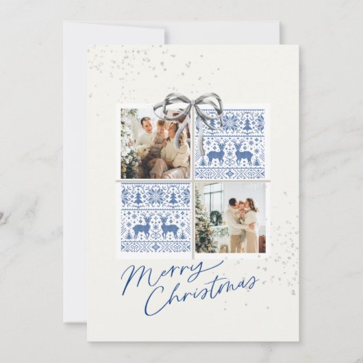 Invitation 2-Photo X-mas Present Card Nordic Knits Silver Bow (Devant)