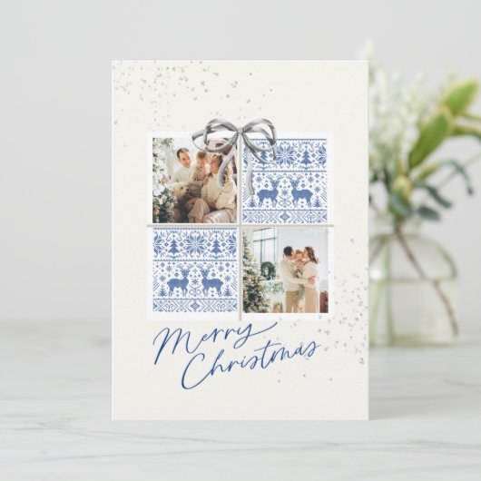 Invitation 2-Photo X-mas Present Card Nordic Knits Silver Bow (Debout devant)