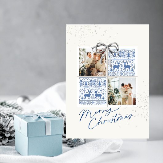 Invitation 2-Photo X-mas Present Card Nordic Knits Silver Bow
