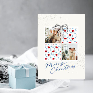 Invitation 2-Photo X-mas Present Card Santa Hats Silver Bow