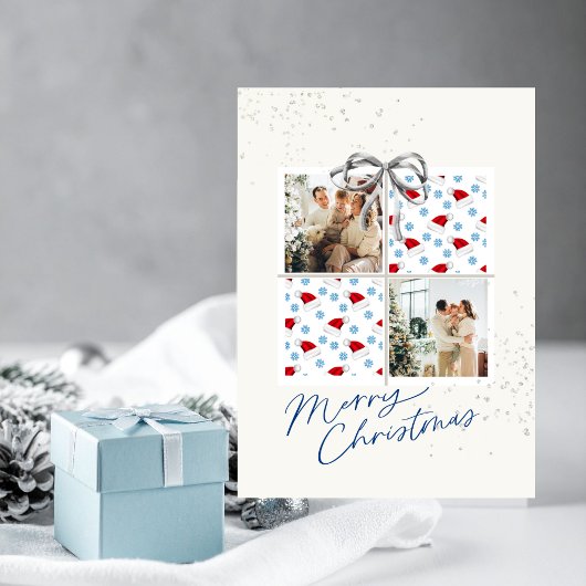 Invitation 2-Photo X-mas Present Card Santa Hats Silver Bow