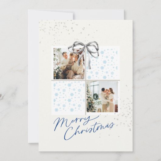 Invitation 2-Photo X-mas Present Card Soft Snow Silver Bow (Devant)