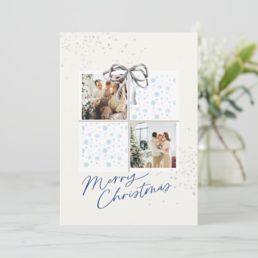 Invitation 2-Photo X-mas Present Card Soft Snow Silver Bow (Debout devant)