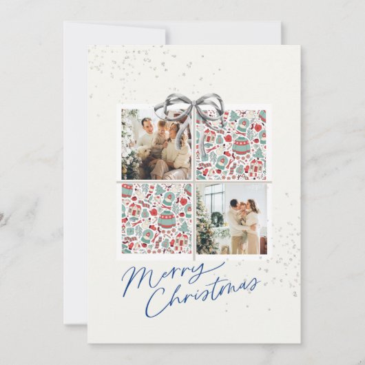 Invitation 2-Photo X-mas Present Card Ugly Sweater Silver Bow (Devant)
