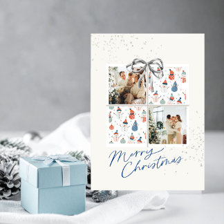 Invitation 2-Photo Xmas Present Card Happy Snowmen Silver Bow