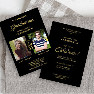 Invitation 2 Photos Double Twins Graduation Fake Golden Black