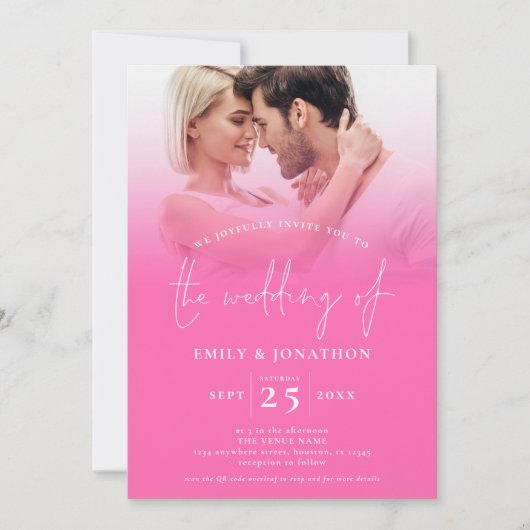 Invitation 2 Photos Overlay Script QR Code Mariage rose chaud (Devant)