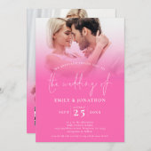 Invitation 2 Photos Overlay Script QR Code Mariage rose chaud (Devant / Derrière)