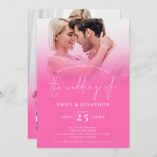 Invitation 2 Photos Overlay Script QR Code Mariage rose chaud (Devant / Derrière)