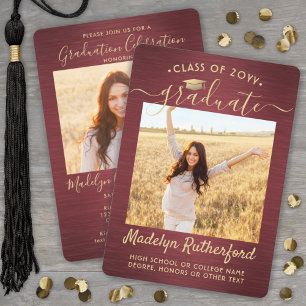 Invitation 2 Script de graduation photo brossé Bourgogne & Or