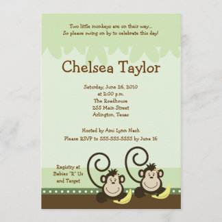 Invitation 2 Singes sots TWIN GIRLS Baby shower singe