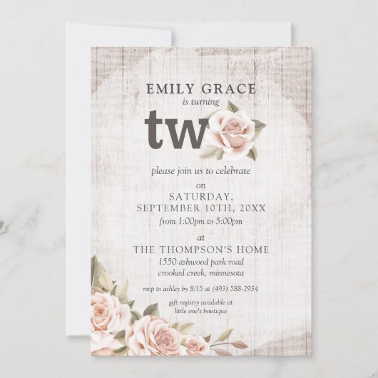 Invitation 2e anniversaire Bois rustique Shabby Chic Roses Fl (Devant)