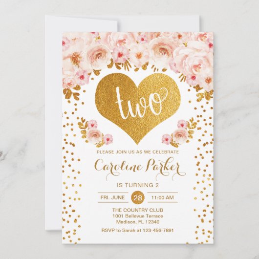 Invitation 2e anniversaire - Coeur d'or blanc rose floral (Devant)