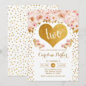 Invitation 2e anniversaire - Coeur d'or blanc rose floral (Devant / Derrière)
