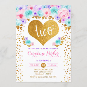 Invitation 2e anniversaire - Coeur d'or Turquoise rose pourpr