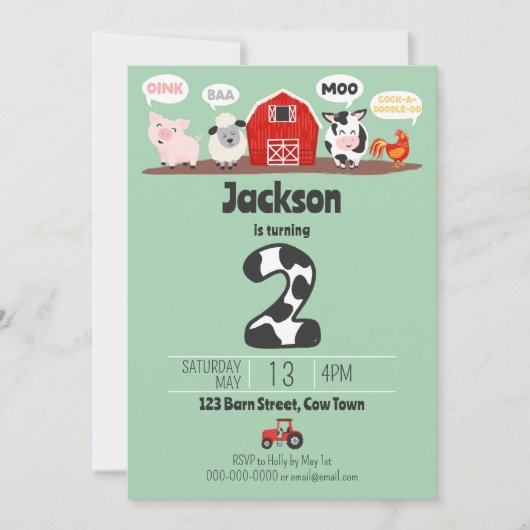 Invitation 2e anniversaire de ferme Animaux Oink Baa Moo Enfa (Devant)
