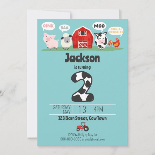 Invitation 2e anniversaire de ferme Animaux Oink Baa Moo Enfa (Devant)