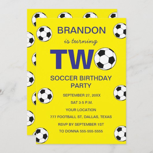 Invitation 2e anniversaire de la fête de football Jaune garço (Devant / Derrière)