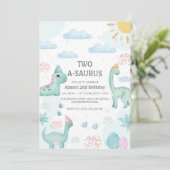 Invitation 2e anniversaire de la fête des dinosaures bleu aqu (Debout devant)
