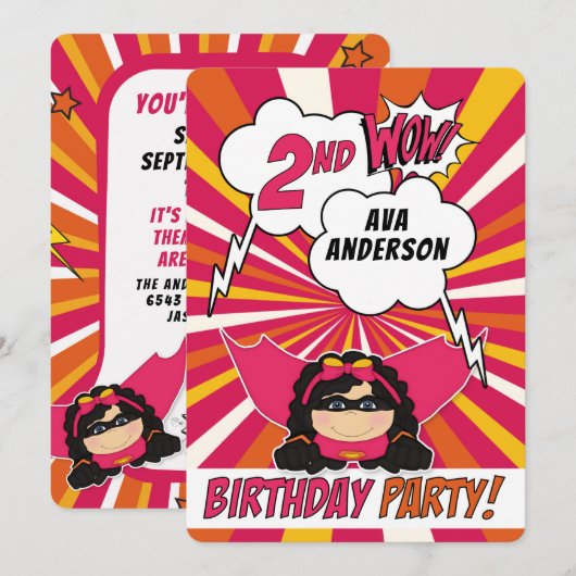 Invitation 2e anniversaire de la fête Superhero Pink Comic po (Devant / Derrière)
