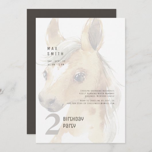 Invitation 2e anniversaire de l'aquarelle Pony Party (Devant / Derrière)