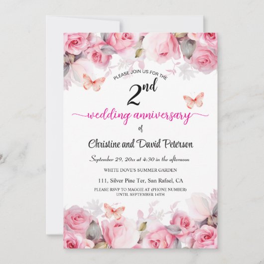 Invitation 2e anniversaire de Mariage de coton Roses blush (Devant)