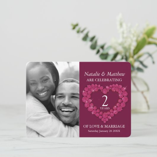 Invitation 2e anniversaire de mariage photo grenat rouge (Debout devant)
