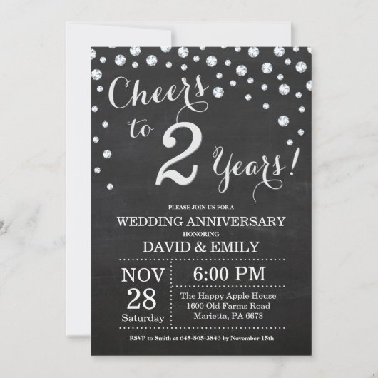 Invitation 2e Anniversaire de Mariage Tableau Noir Argent (Devant)