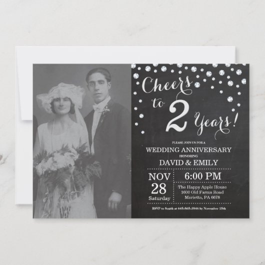 Invitation 2e anniversaire de mariage tableau noir argent (Devant)