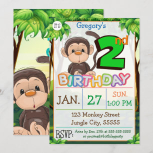 Invitation 2e anniversaire fête singe personnalisé