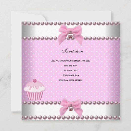 Invitation 2e anniversaire fille Cupcakes rose Pearle blanche (Dos)