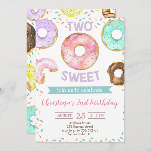 Invitation 2e anniversaire fille Donut thème deux doux mignon (Devant / Derrière)